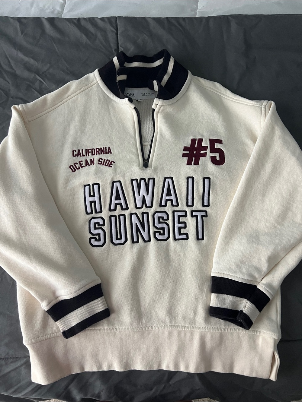 ZARA Kids Cream Half-Zip 'Hawaii Sunset' Pullover with Navy Trim